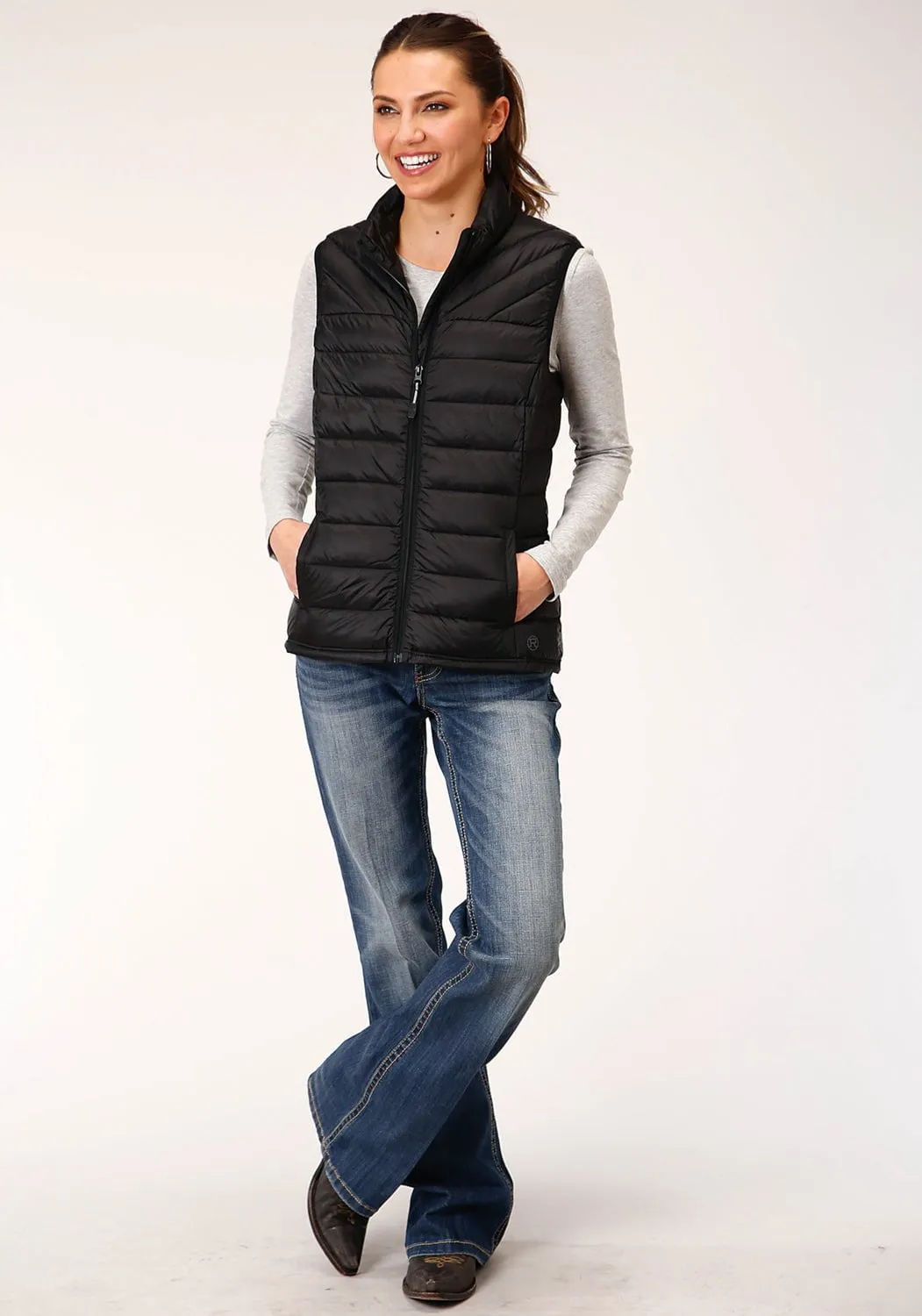 Roper Womens Crushable Down Filled Black 100% Nylon Softshell Vest All weather Pre Shrunk Material