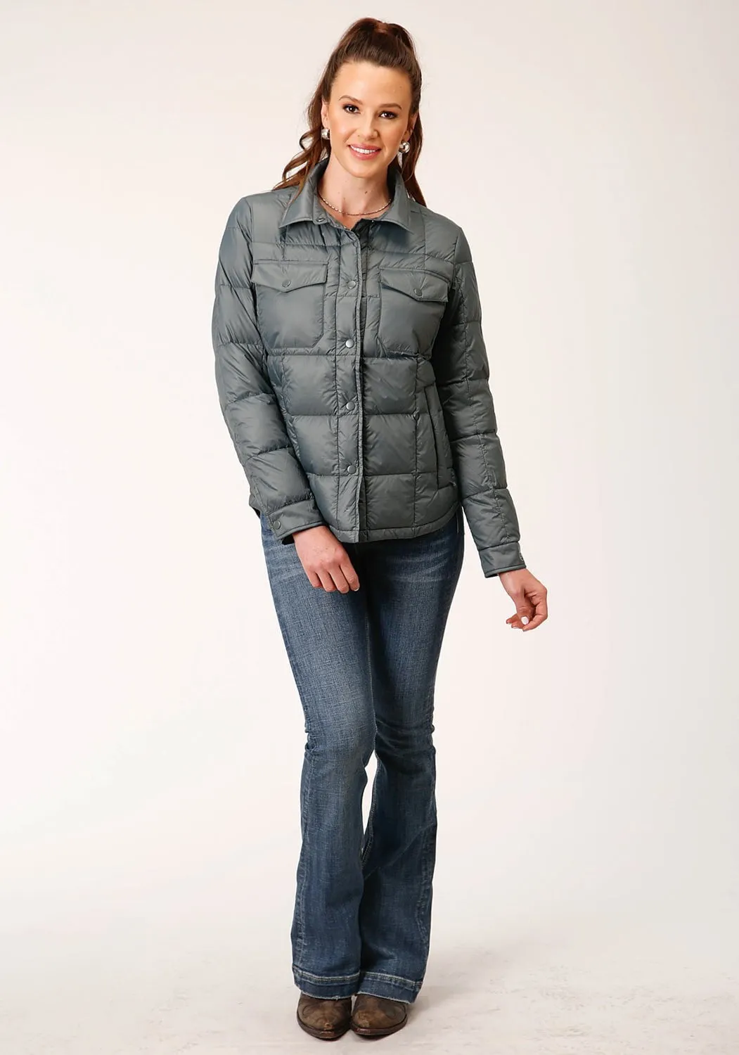 Roper Womens Crushable Down Silver Sage 100% Nylon Softshell Jacket Rainy Day Chill Outfit Nature Lover