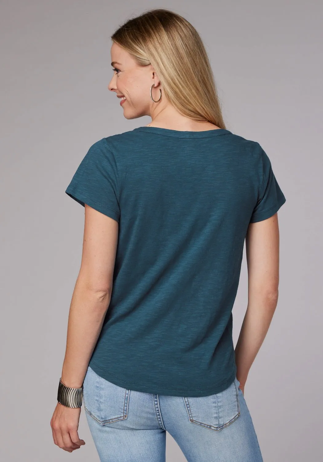 Roper Womens Curved Floral Split V Blue 100% Cotton S/S T-Shirt Modern Fit