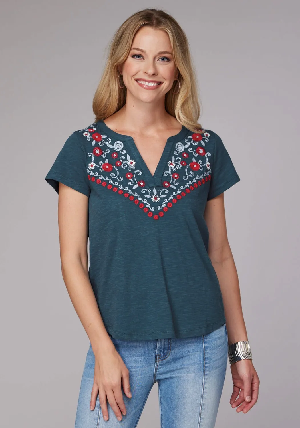 Mix-And-Match Roper Womens Curved Floral Split V Blue 100% Cotton S/S T-Shirt