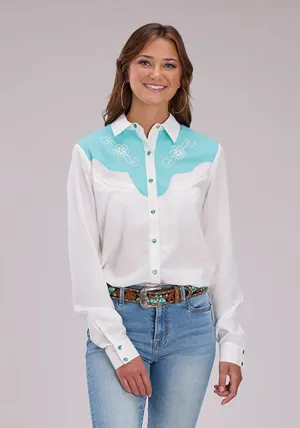 Roper Womens Curvy Fancy Yokes Cream/Blue 100% Rayon L/S Shirt Workwear Ready Checkered Print Sustainable Manufacturing Process Roper Womens Curvy Fancy Yokes Cream/Blue 100% Rayon L/S Shirt