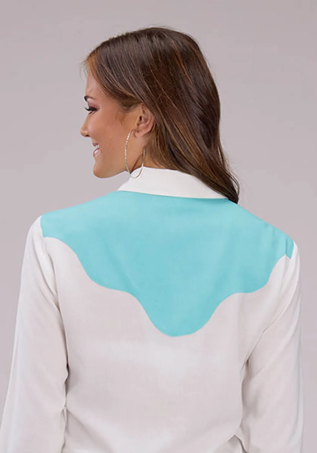 Roper Womens Curvy Fancy Yokes Cream/Blue 100% Rayon L/S Shirt Fashion Choice All-Weather Wear