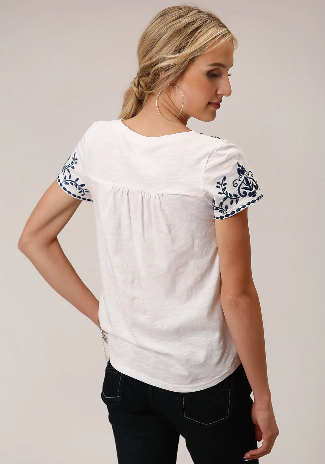 Breathable Design Roper Womens Cute Embroidery White 100% Cotton S/S Blouse