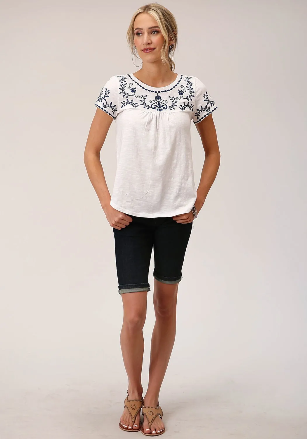 Roper Womens Cute Embroidery White 100% Cotton S/S Blouse wrinkle free