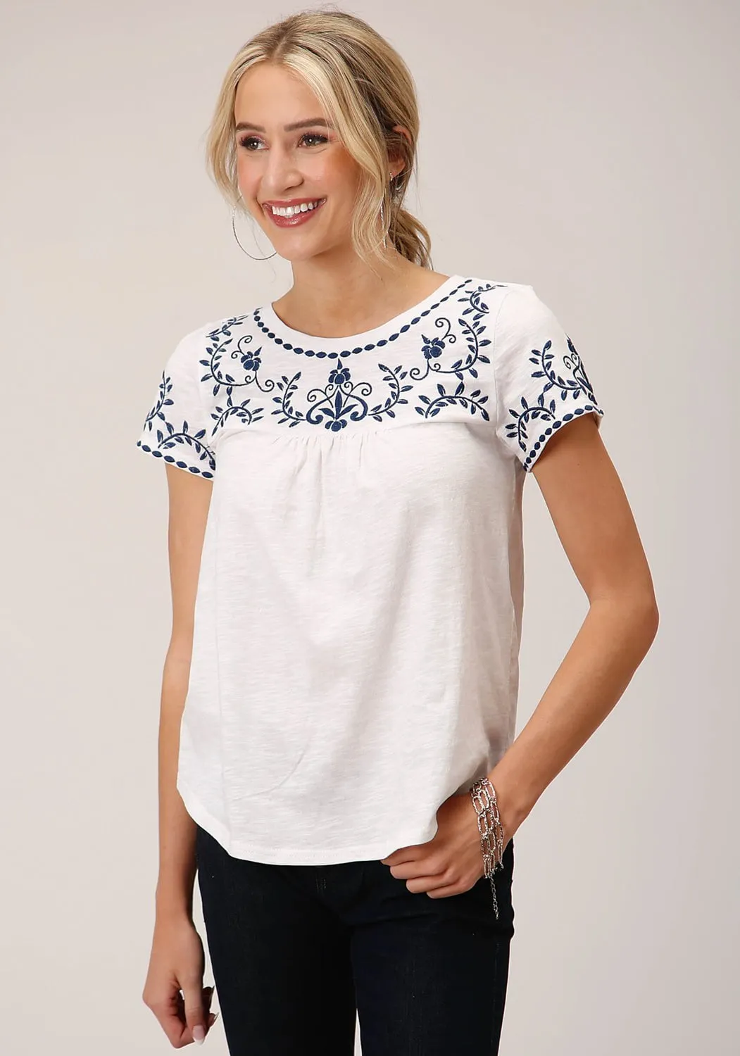 Roper Womens Cute Embroidery White 100% Cotton S/S Blouse Snag Free Surface