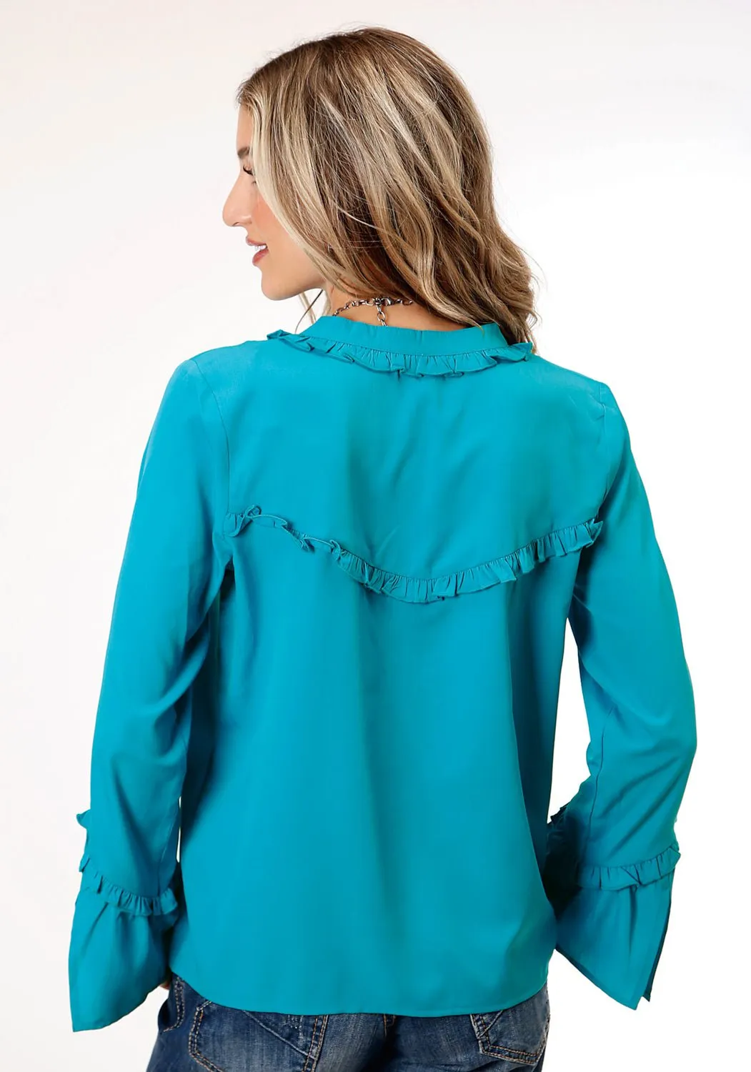 Fashion Statement Roper Womens Dark Turquoise Ruffle Blue Polyester L/S Blouse