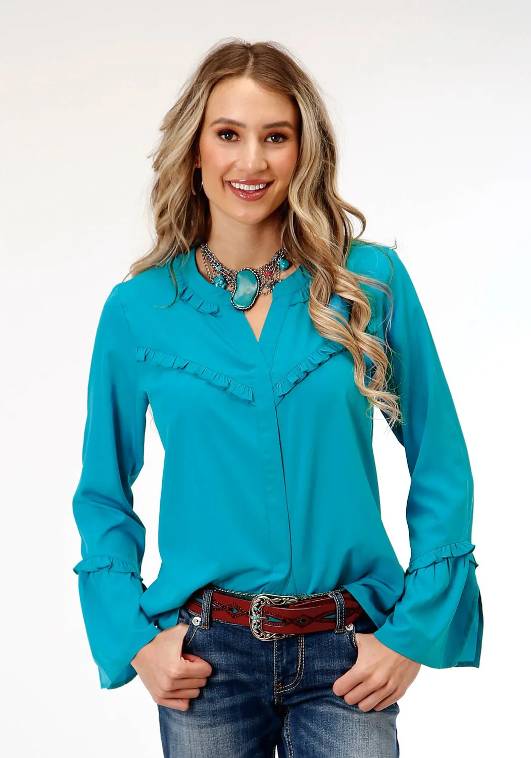 Subtle patterns Roper Womens Dark Turquoise Ruffle Blue Polyester L/S Blouse