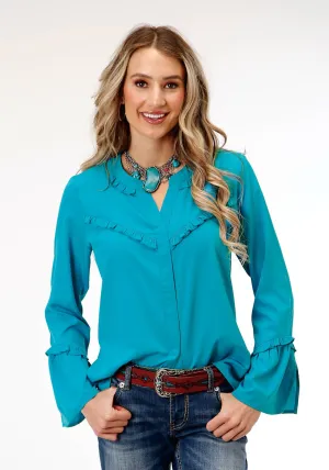 Roper Womens Dark Turquoise Ruffle Blue Polyester L/S Blouse Must-have Perfect Layer Roper Womens Dark Turquoise Ruffle Blue Polyester L/S Blouse