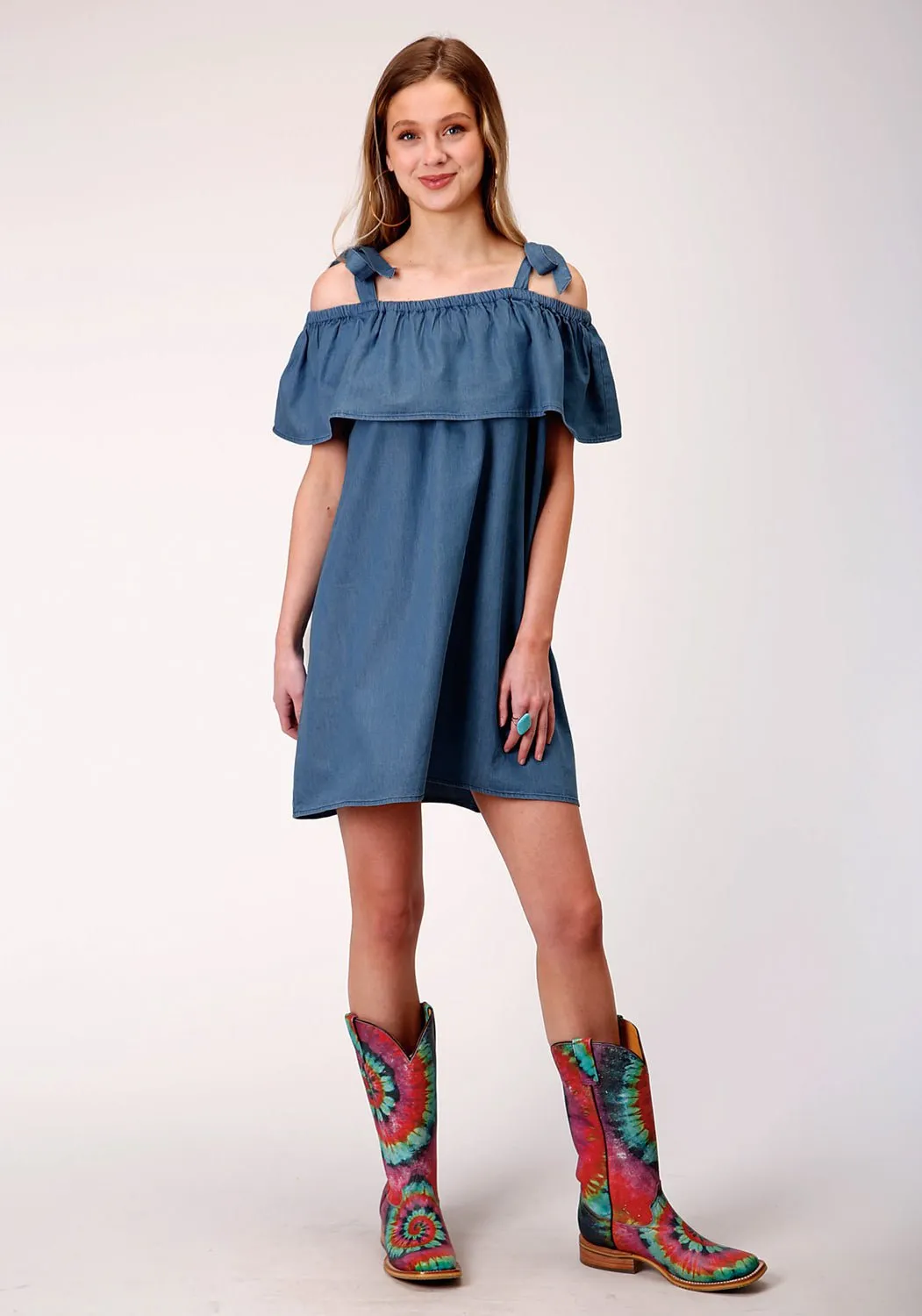 Roper Womens Dark Wash 100% Cotton Strappy Sundress S/S Dress Couple Look Smooth Daily Attire