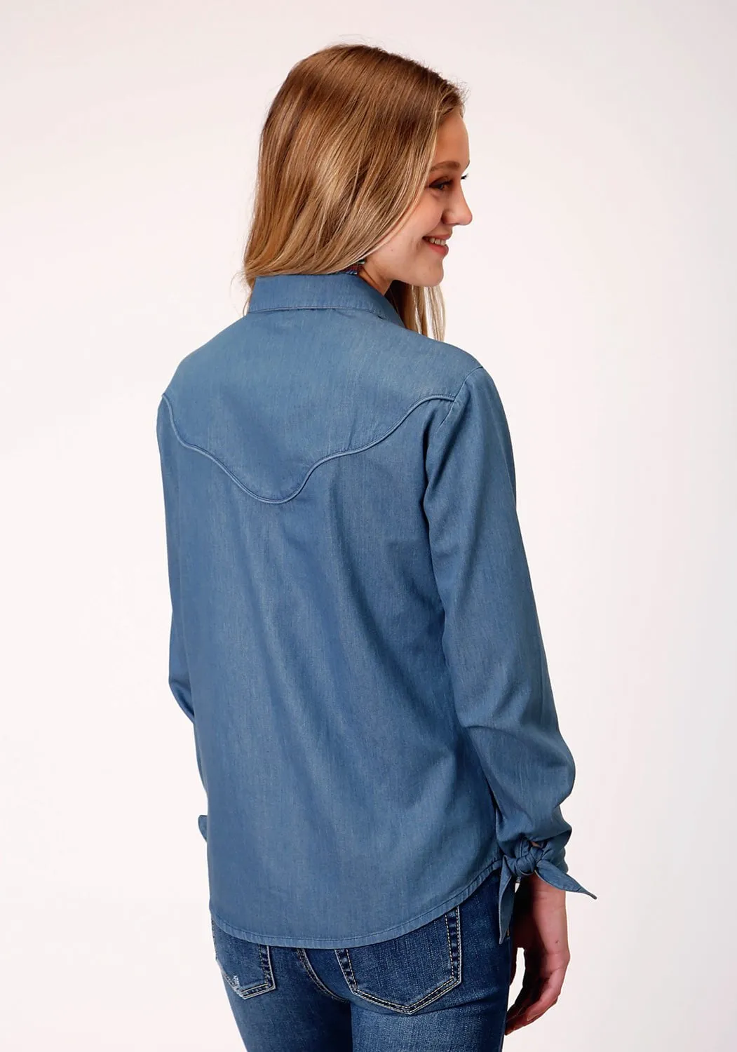 Roper Womens Dark Wash 100% Cotton Western Denim L/S Blouse Textured Versatile Shopping Day Trend Setter Road Trip Casual