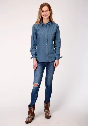 Roper Womens Dark Wash 100% Cotton Western Denim L/S Blouse Medium Rise Easy Routine Smart Waistband Roper Womens Dark Wash 100% Cotton Western Denim L/S Blouse