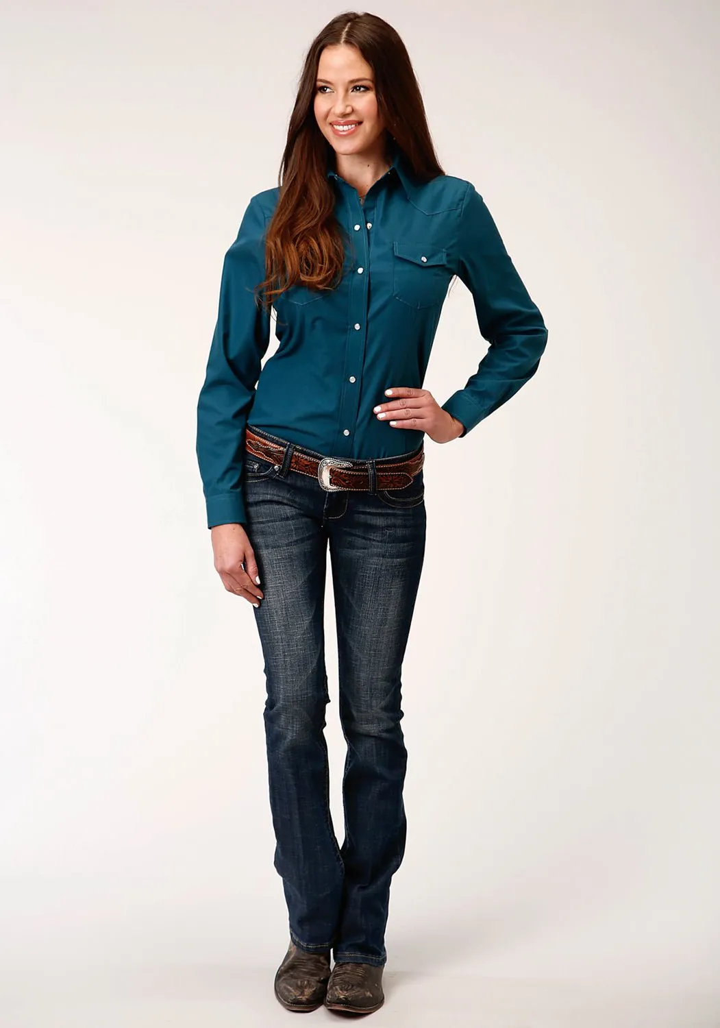 Roper Womens Deep Teal Cotton Blend 55/45 L/S Solid Broadcloth Shirt Weather Proof Relaxed Style City Walk Trend Setter
