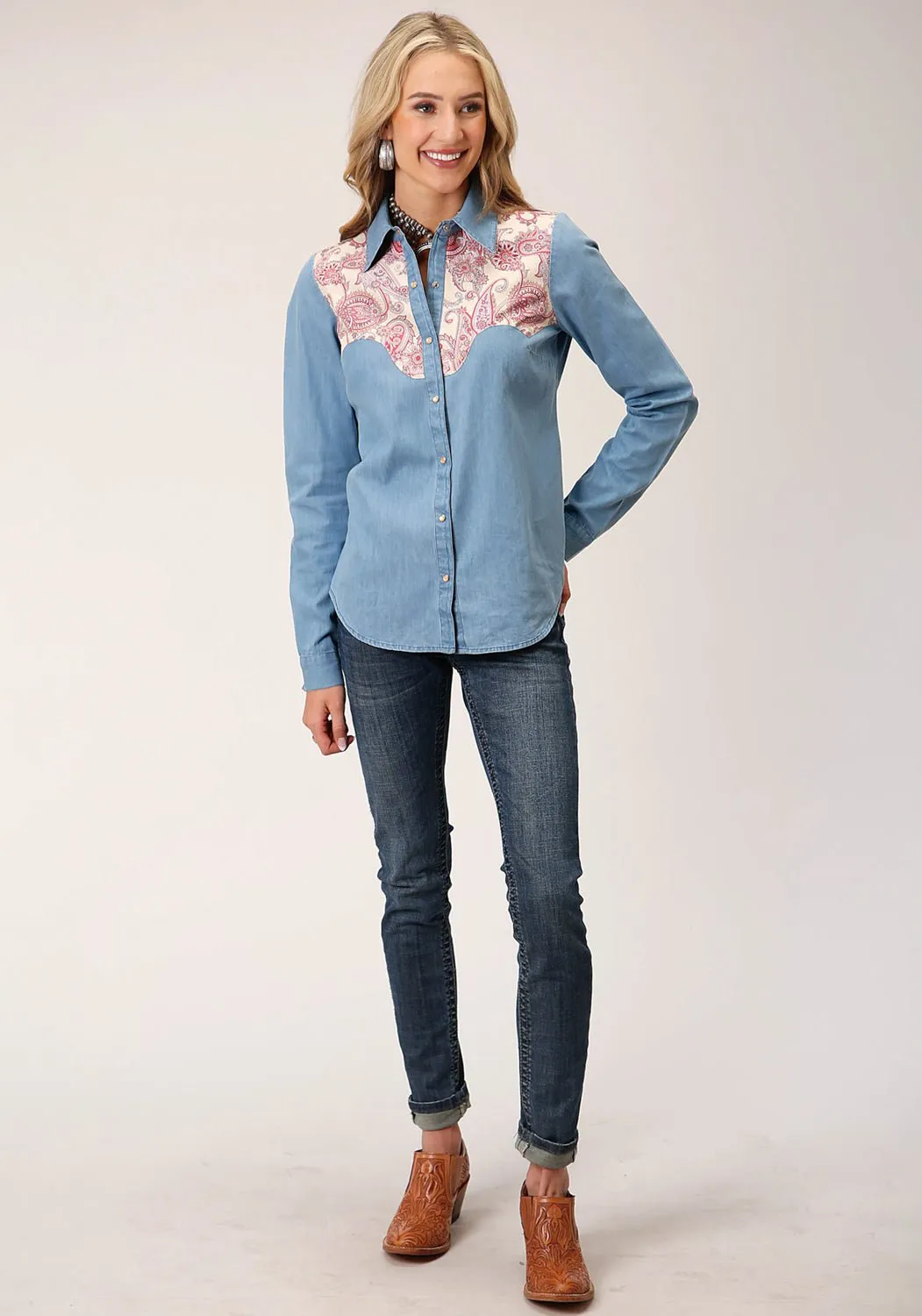 Roper Womens Denim Retro Blue 100% Cotton L/S Shirt All-Season Wear