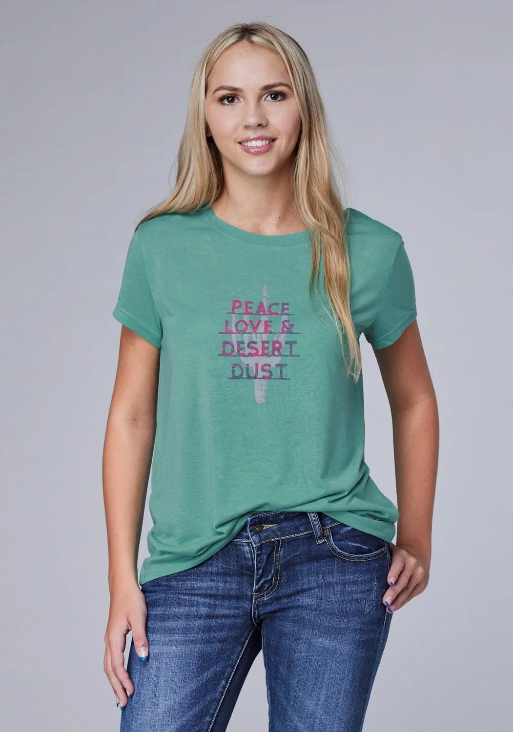 Roper Womens Desert Dust Turquoise Poly/Rayon S/S T-Shirt Comfortable Edge Eco Friendly Denim