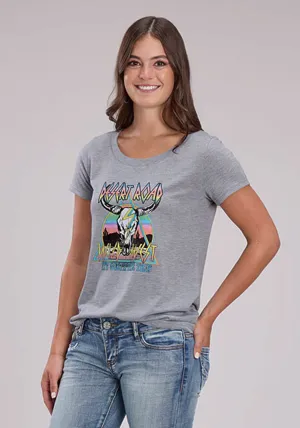 Roper Womens Desert Road Longhorn Grey Poly/Rayon S/S T-Shirt Camouflage Print Roper Womens Desert Road Longhorn Grey Poly/Rayon S/S T-Shirt Active Fit Odor Control Technology