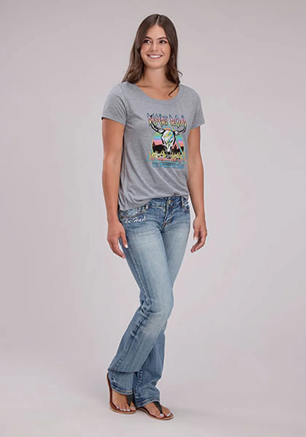 Flex Fit Collar Roper Womens Desert Road Longhorn Grey Poly/Rayon S/S T-Shirt