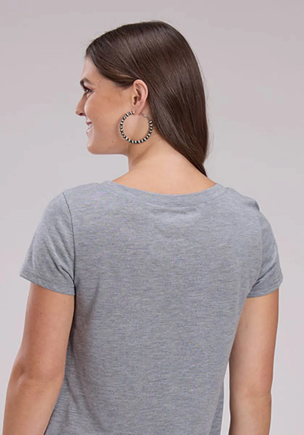 Fitted Silhouette Clean Edge Trim Roper Womens Desert Road Longhorn Grey Poly/Rayon S/S T-Shirt