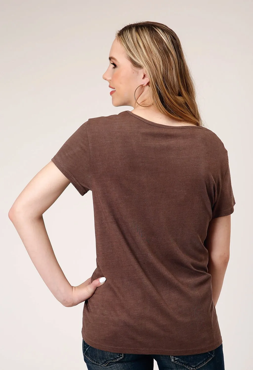 Roper Womens Desert Scene Brown Poly/Rayon S/S T-Shirt Work-to-Weekend Earthy Palette
