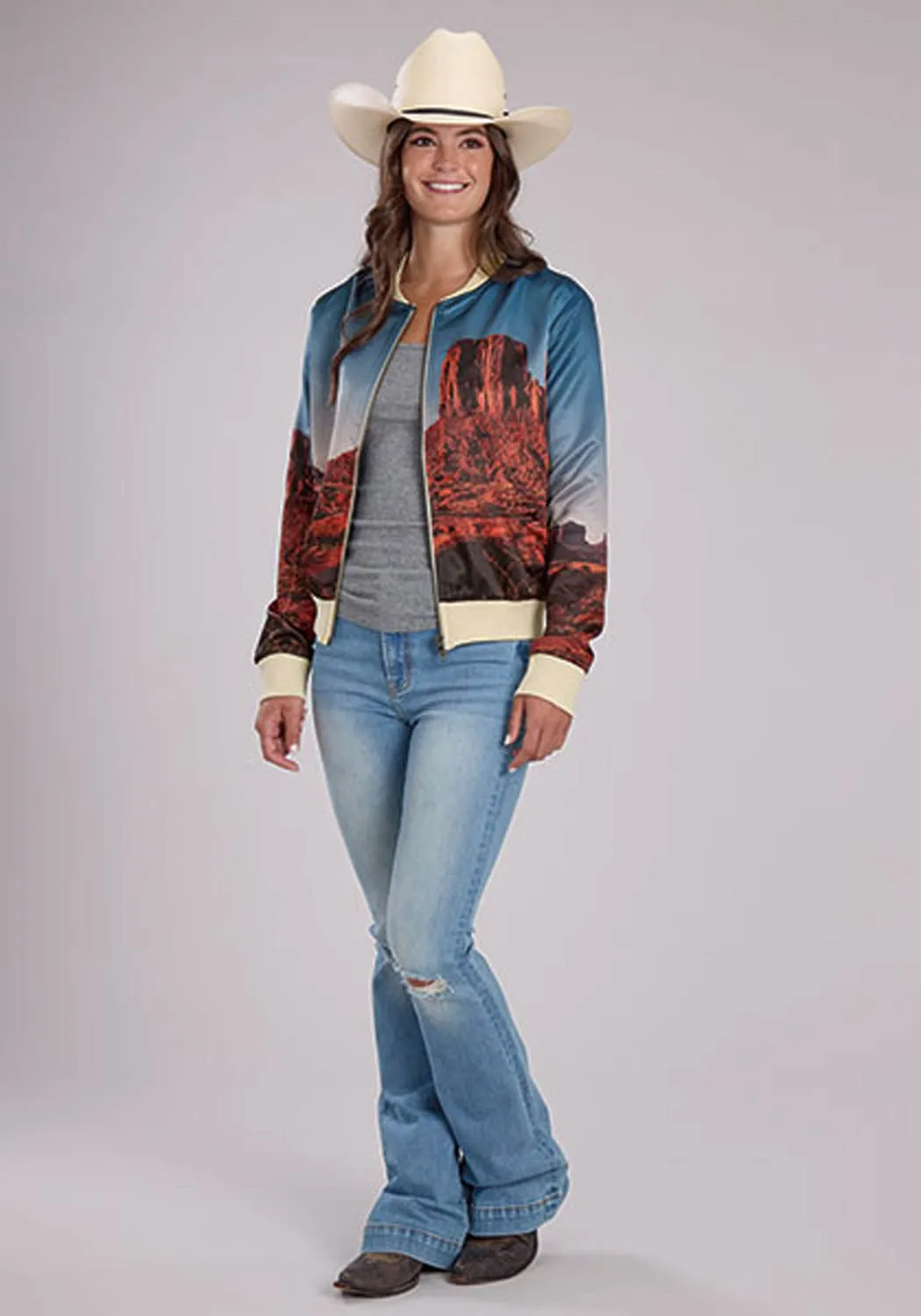 Stone Wash Finish Roper Womens Desert View Multi 100% Polyester Satin Athletic Shell Jacket