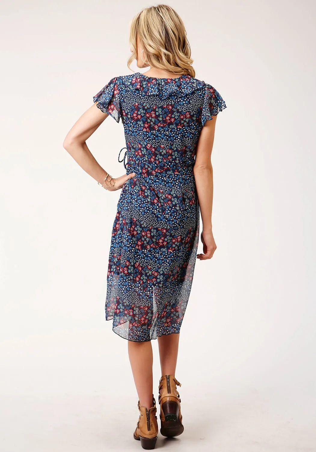 Year Round Roper Womens Ditzy Floral Blue 100% Polyester S/L Dress