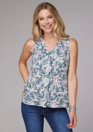 Roper Womens Ditzy Floral Stripe White Multi 100% Rayon S/L Blouse Dark Hue ethical fashion Roper Womens Ditzy Floral Stripe White Multi 100% Rayon S/L Blouse