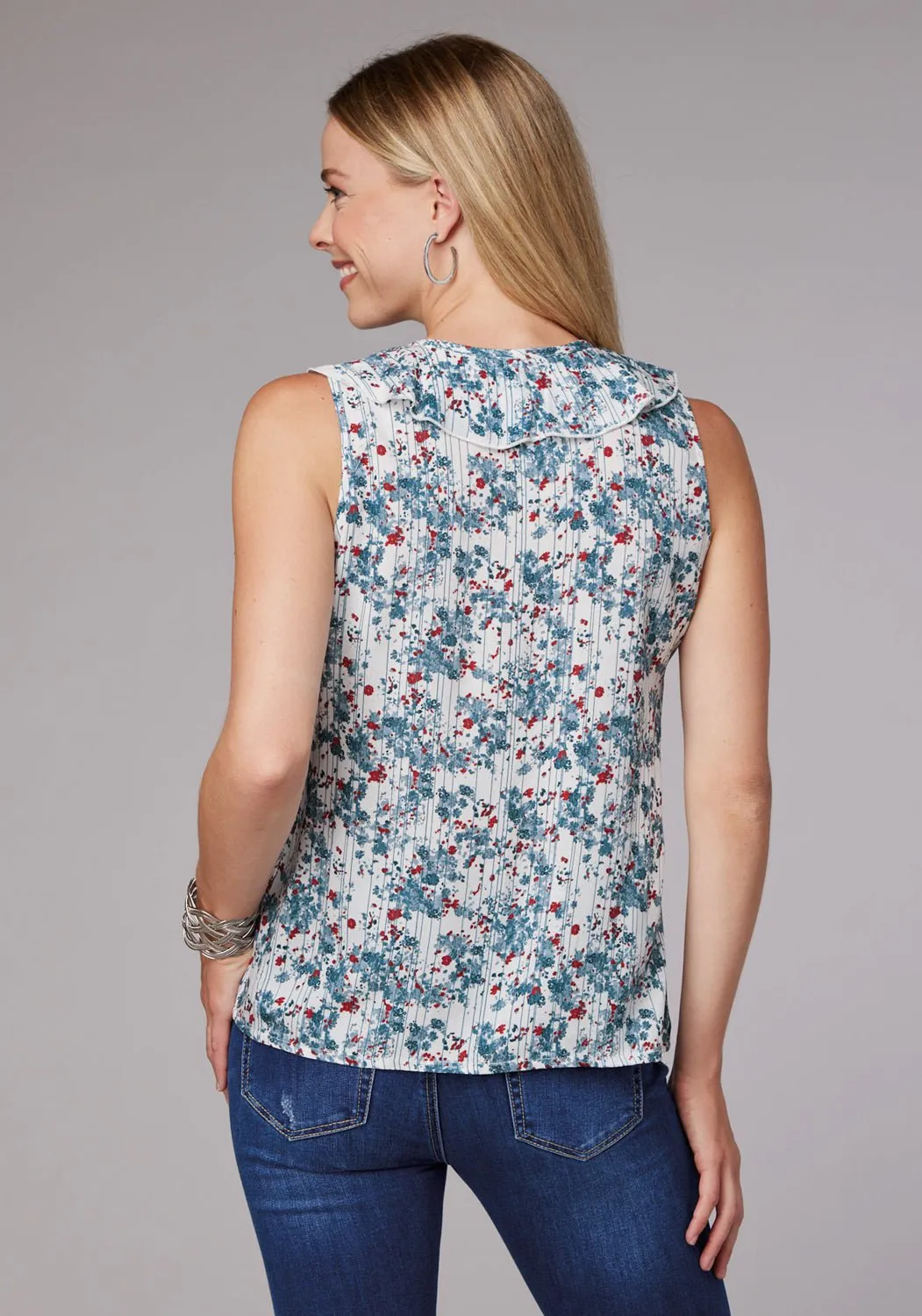 Functional Fashion Roper Womens Ditzy Floral Stripe White Multi 100% Rayon S/L Blouse