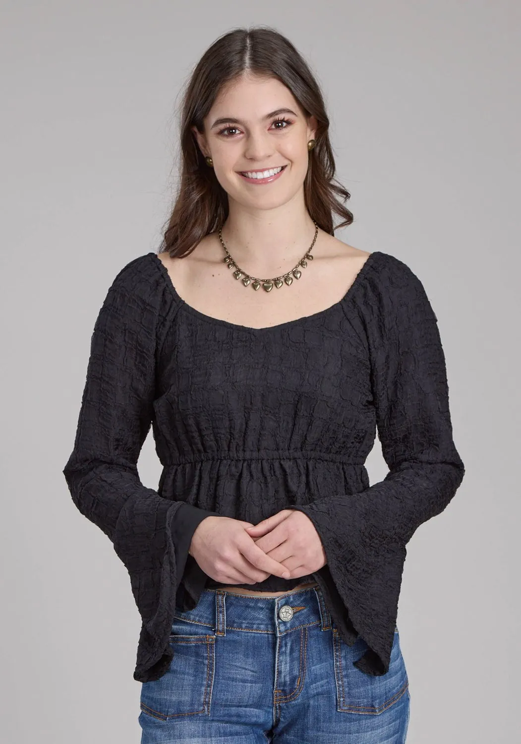 Roper Womens Double Cloth Black 100% Polyester L/S Blouse Smooth Seam Finish
