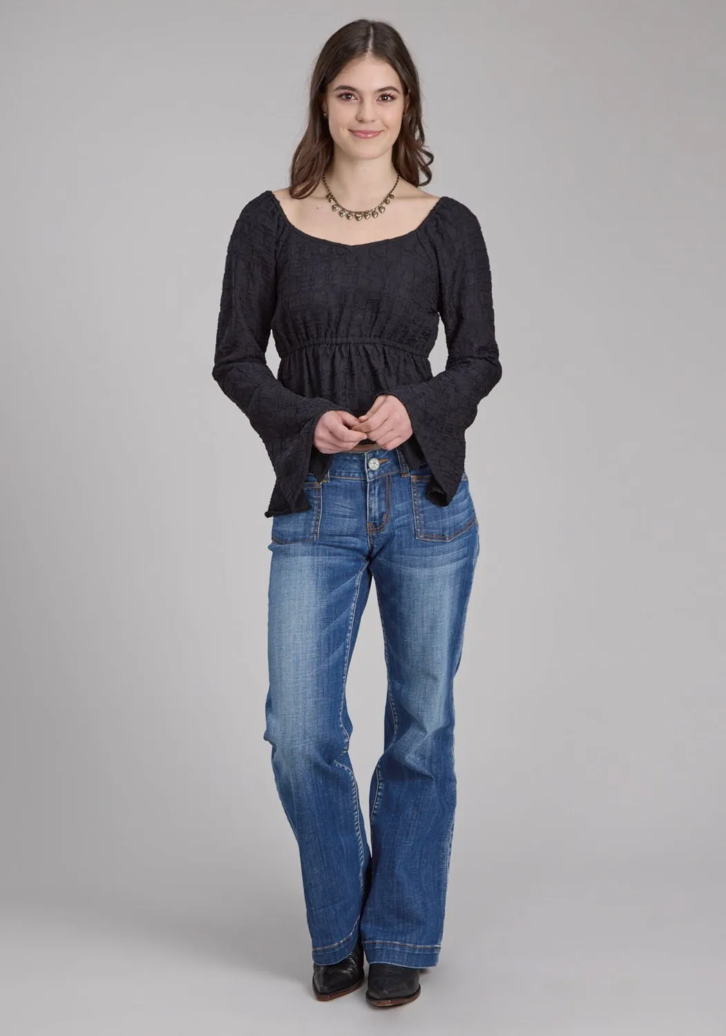 Sustainable Dye Process Versatile Styling Roper Womens Double Cloth Black 100% Polyester L/S Blouse