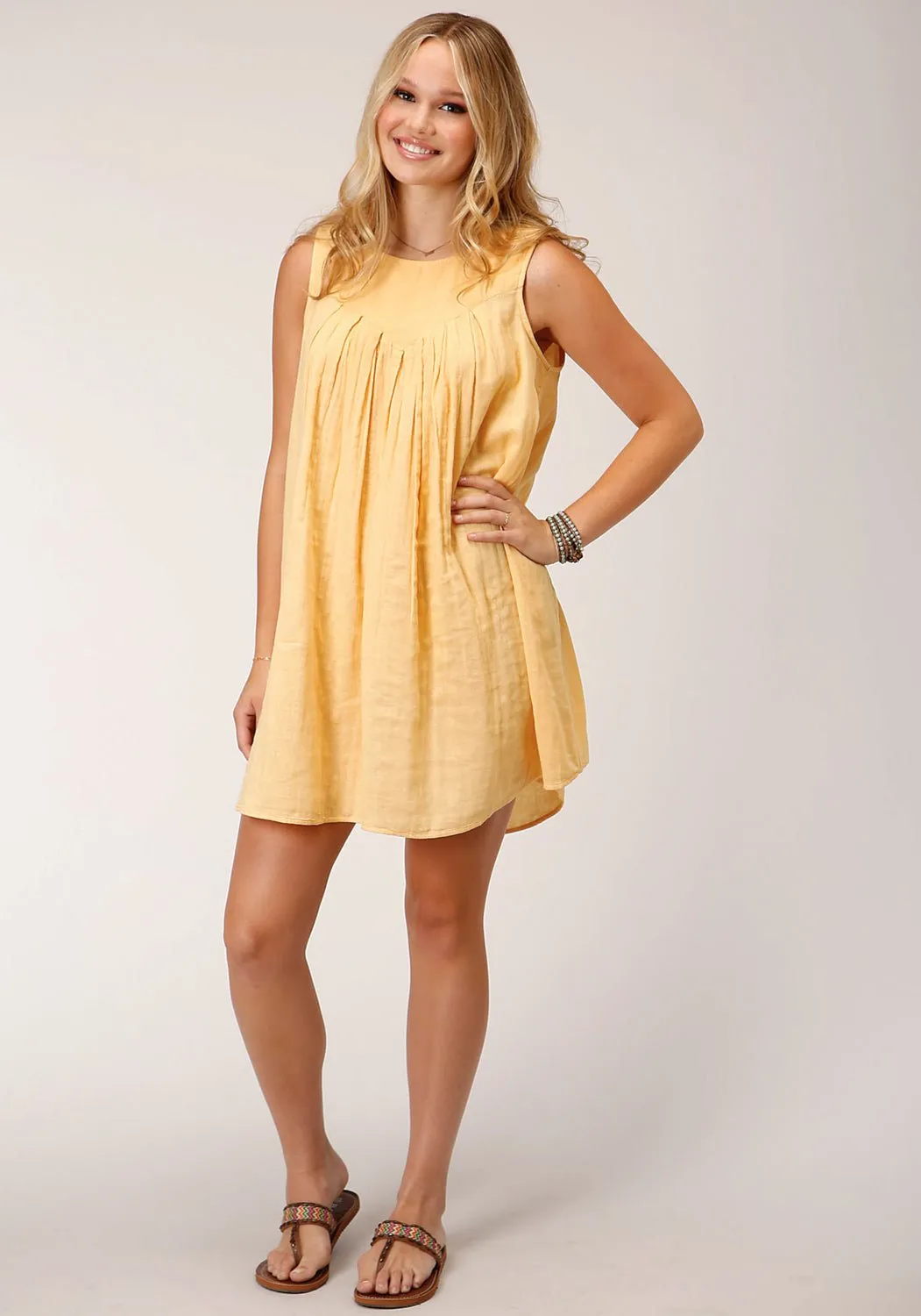 Traveler Gear Stretch Creative Look Anytime Fit Roper Womens Double Cloth Yellow 100% Cotton S/L Dress