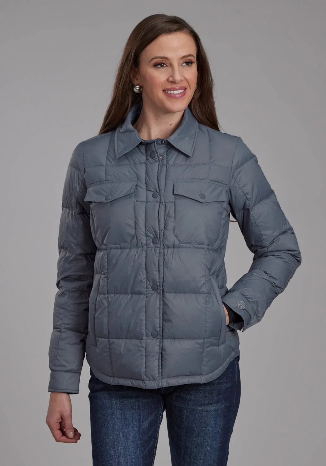 Roper Womens Down Filled Shirt Silver Blue 100% Nylon Softshell Jacket Modern Fit Luxury Textured