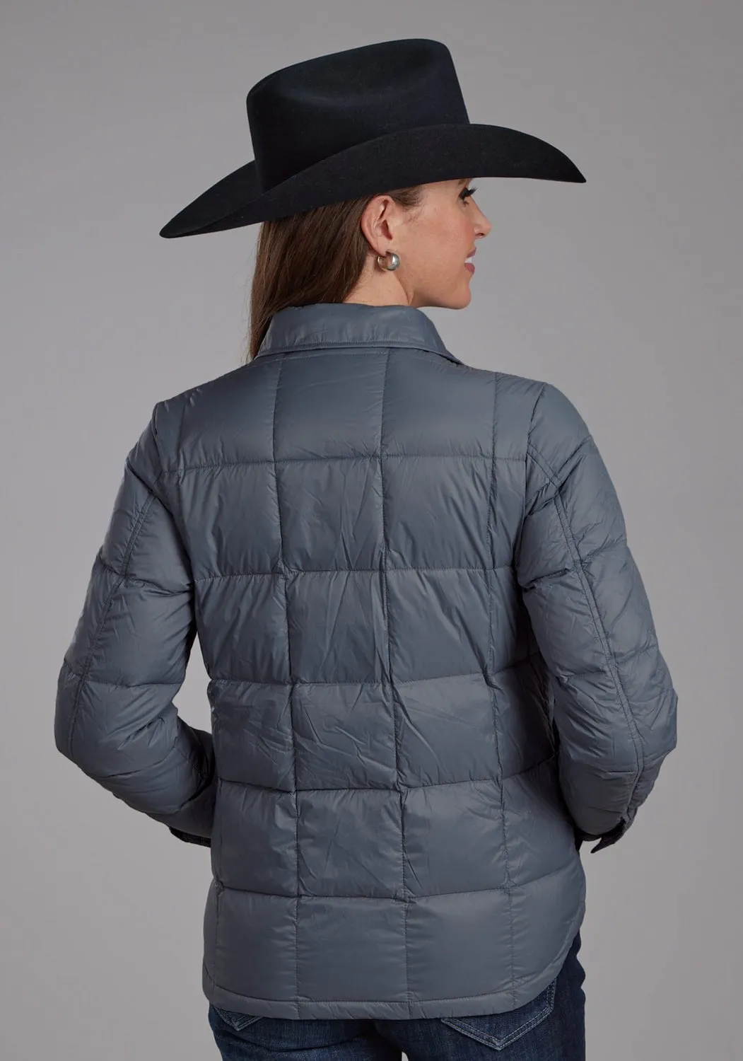 Roper Womens Down Filled Shirt Silver Blue 100% Nylon Softshell Jacket Neutral Base Ready to Wear