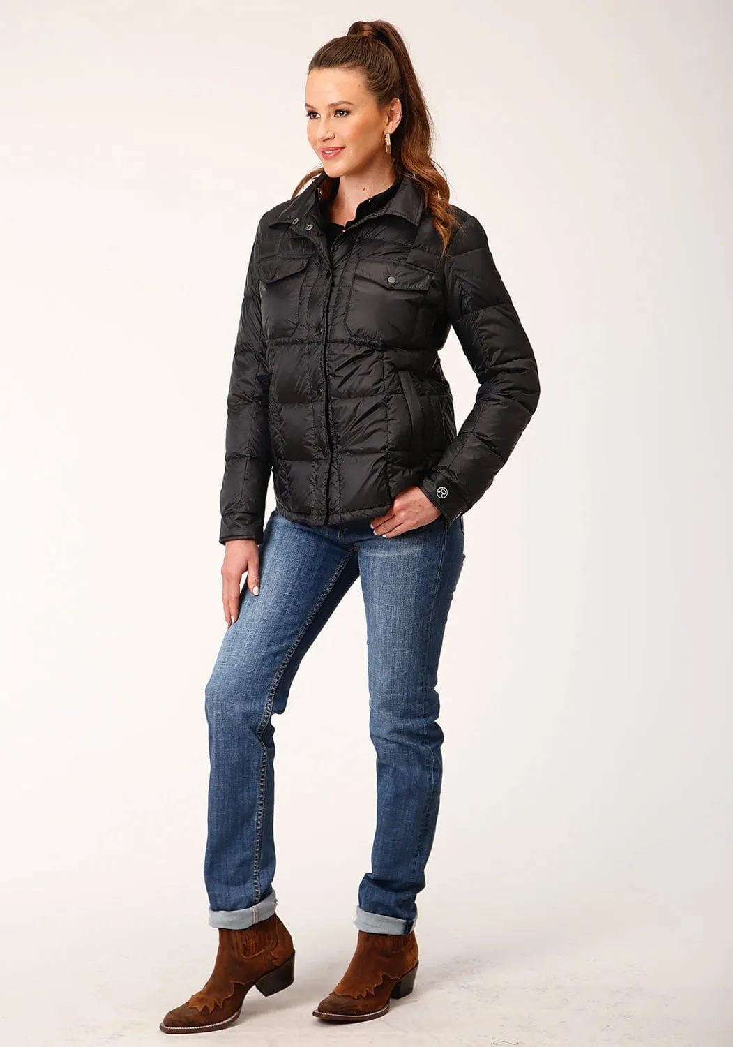 Roper Womens Down Shirt Black Nylon Insulated Jacket Casual Street Formal Classic Wear Loose