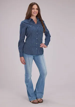 Roper Womens Drybrush Diamonds Blue 100% Cotton L/S Shirt Trendy looks Fade Resistant Formula Customizable Option Roper Womens Drybrush Diamonds Blue 100% Cotton L/S Shirt