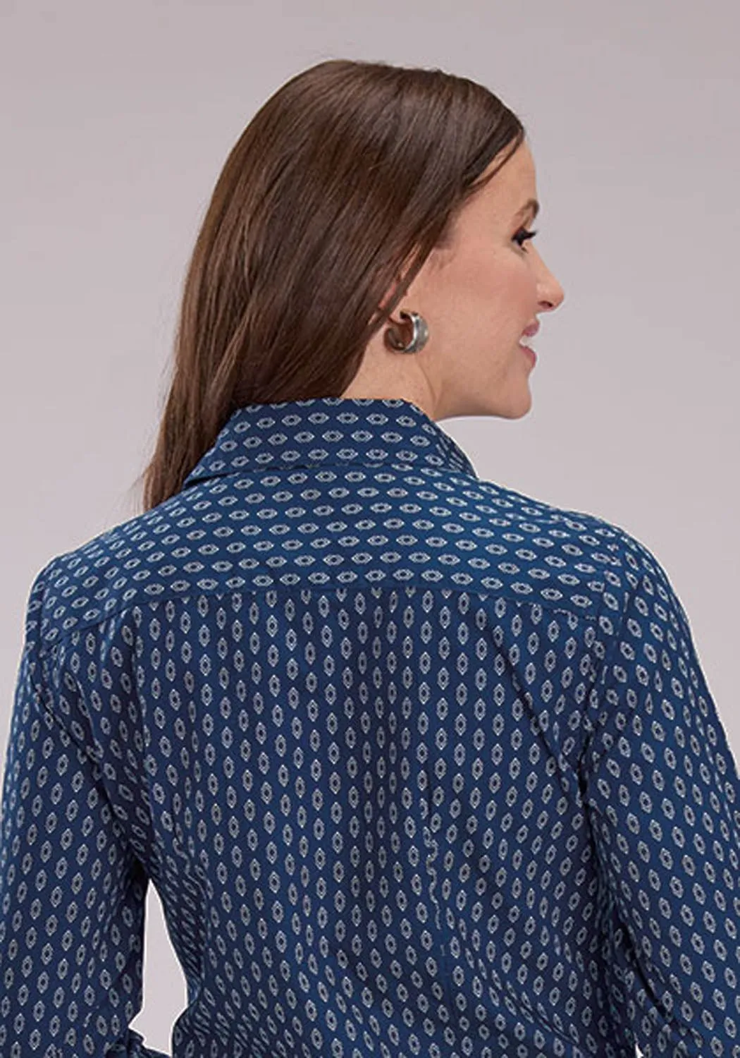 Roper Womens Drybrush Diamonds Blue 100% Cotton L/S Shirt Quality Look