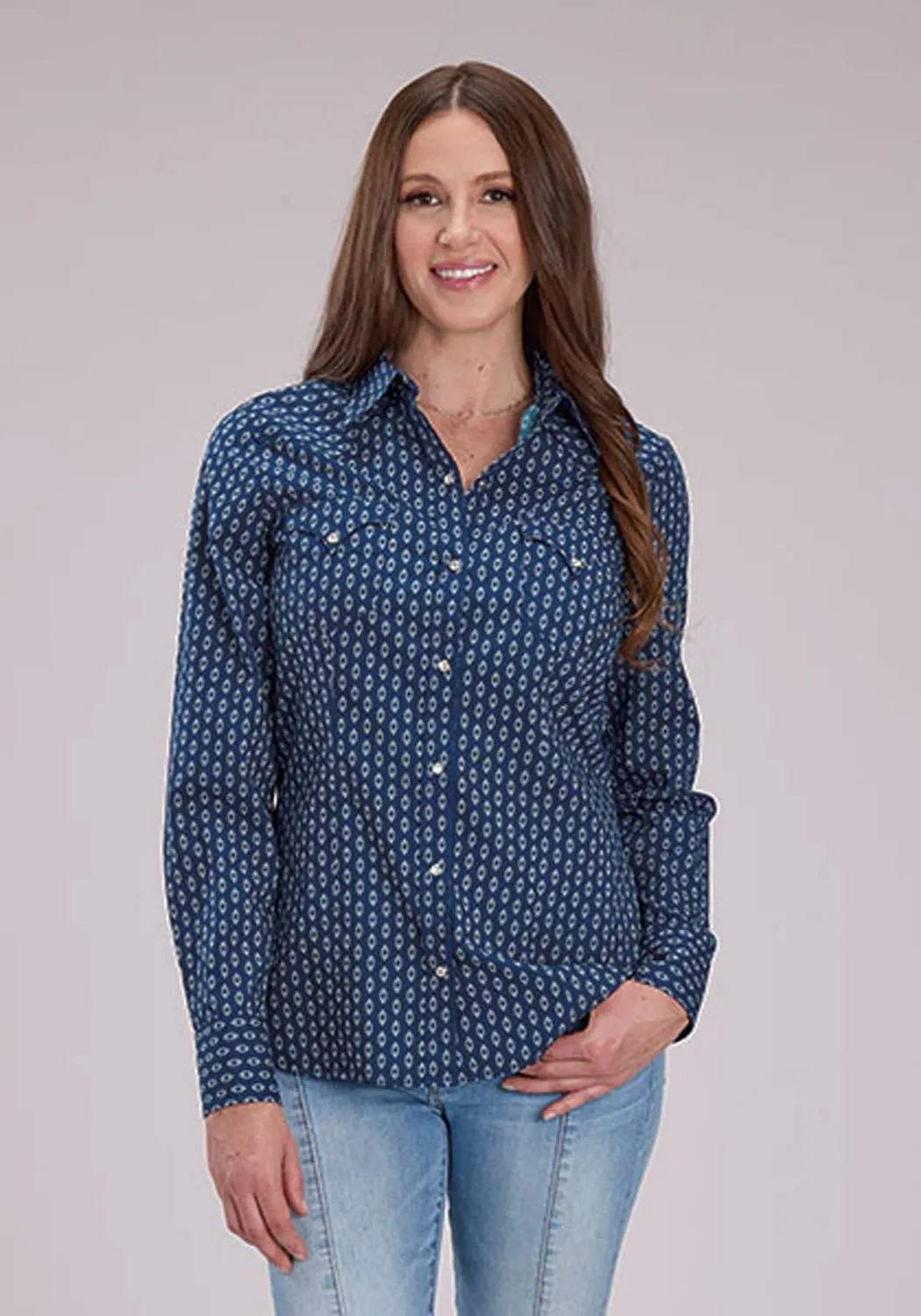 Roper Womens Drybrush Diamonds Blue 100% Cotton L/S Shirt Chill Comfort Unisex Option