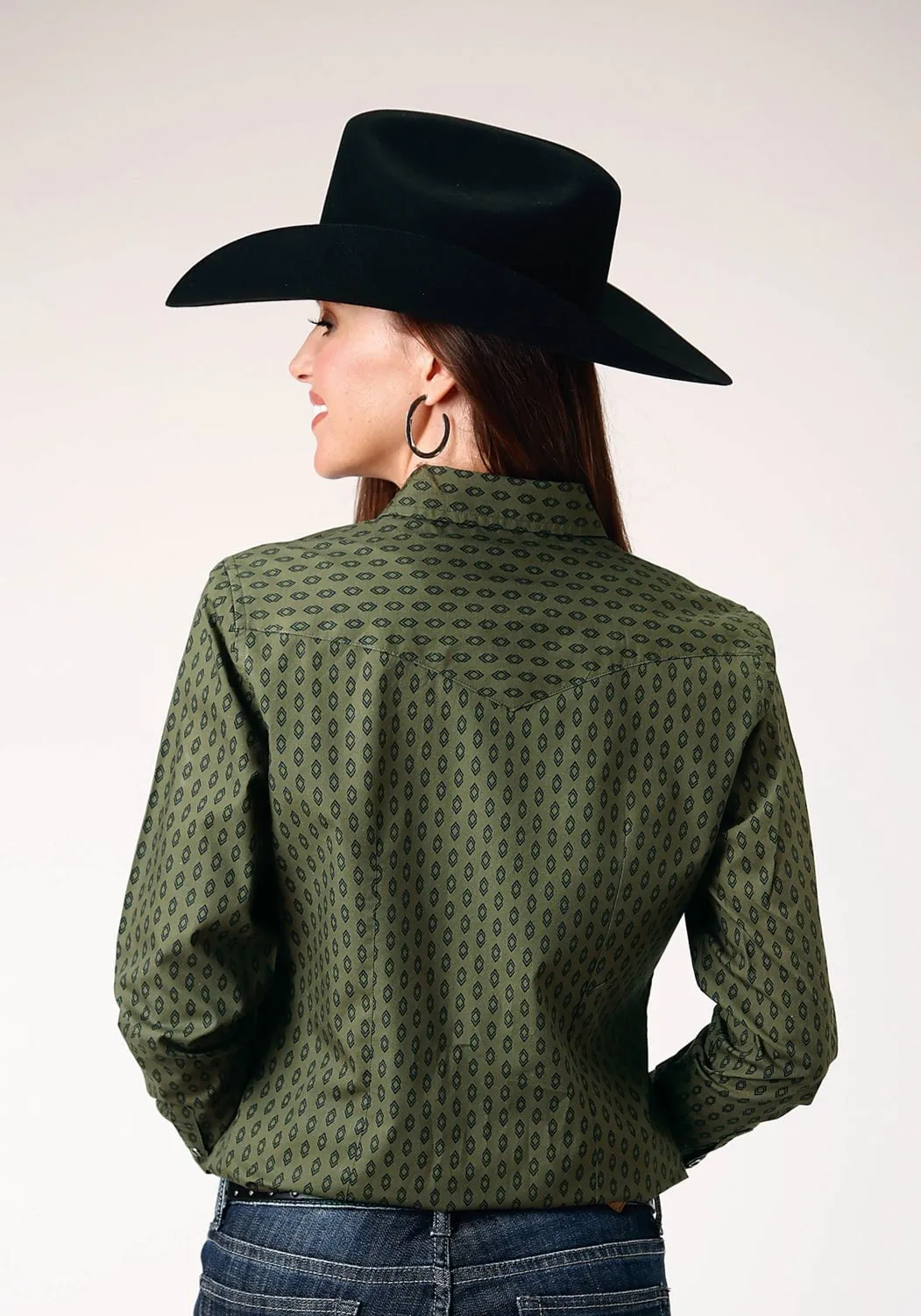 Roper Womens Drybrush Diamonds Green 100% Cotton L/S Shirt Sustainable fashion Essential Piece