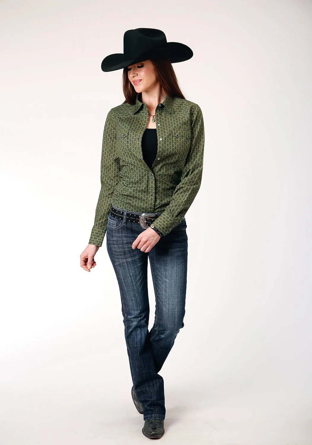 Minimal Design Roper Womens Drybrush Diamonds Green 100% Cotton L/S Shirt