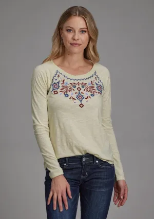 Roper Womens Embroidered Floral Cream 100% Cotton L/S T-Shirt Fashion Comfort Roper Womens Embroidered Floral Cream 100% Cotton L/S T-Shirt Loose Textured Travel Outfit
