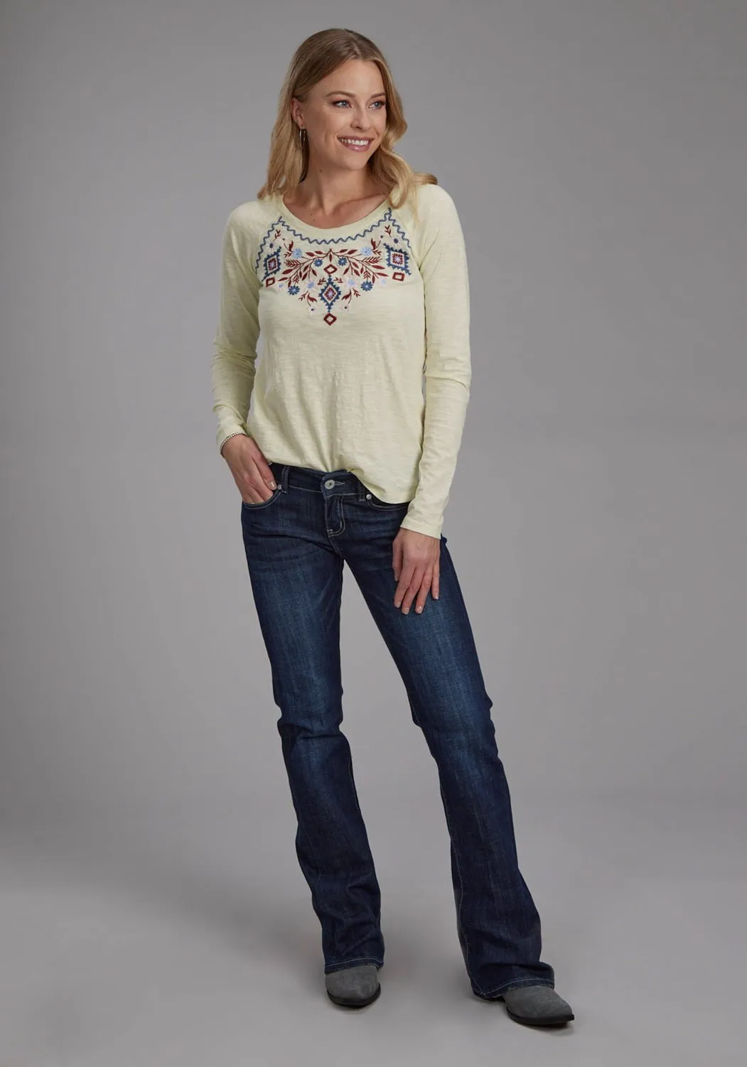 Morning Stroll Sustainable Classic Motion Ease Roper Womens Embroidered Floral Cream 100% Cotton L/S T-Shirt