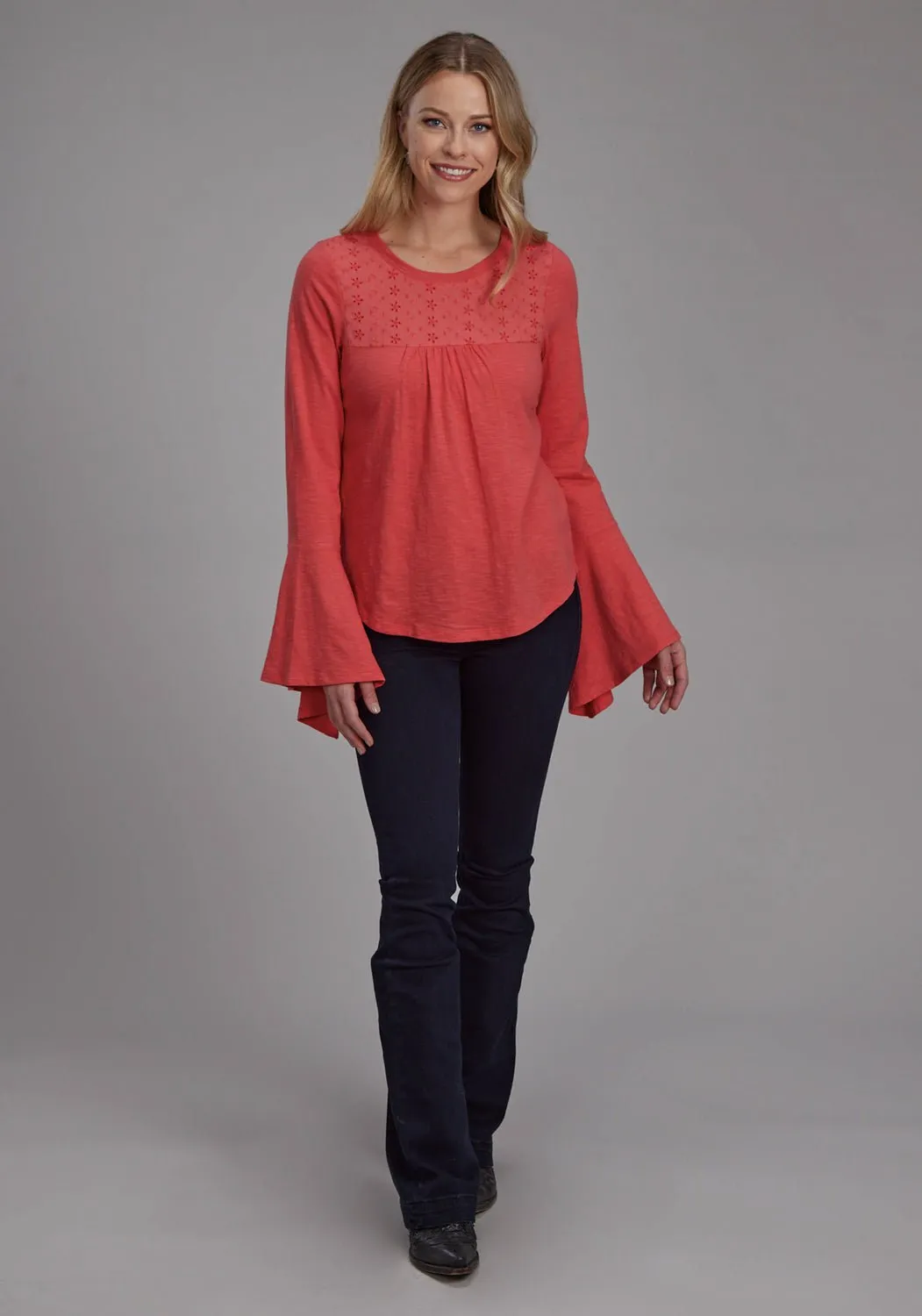 Roper Womens Eyelet Front Yoke Red 100% Cotton L/S Blouse Trendy designs Workwear Essential