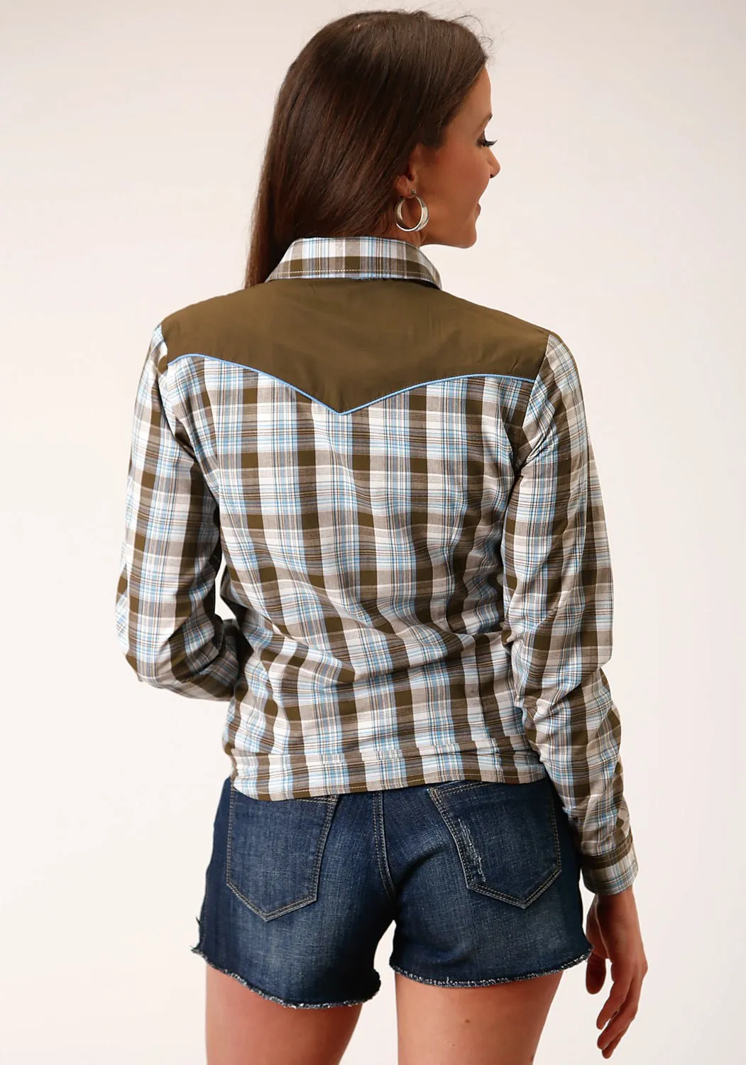 Roper Womens Fancy Applique Brown Cotton Blend L/S Shirt Traveler??s Choice Lightweight Layers