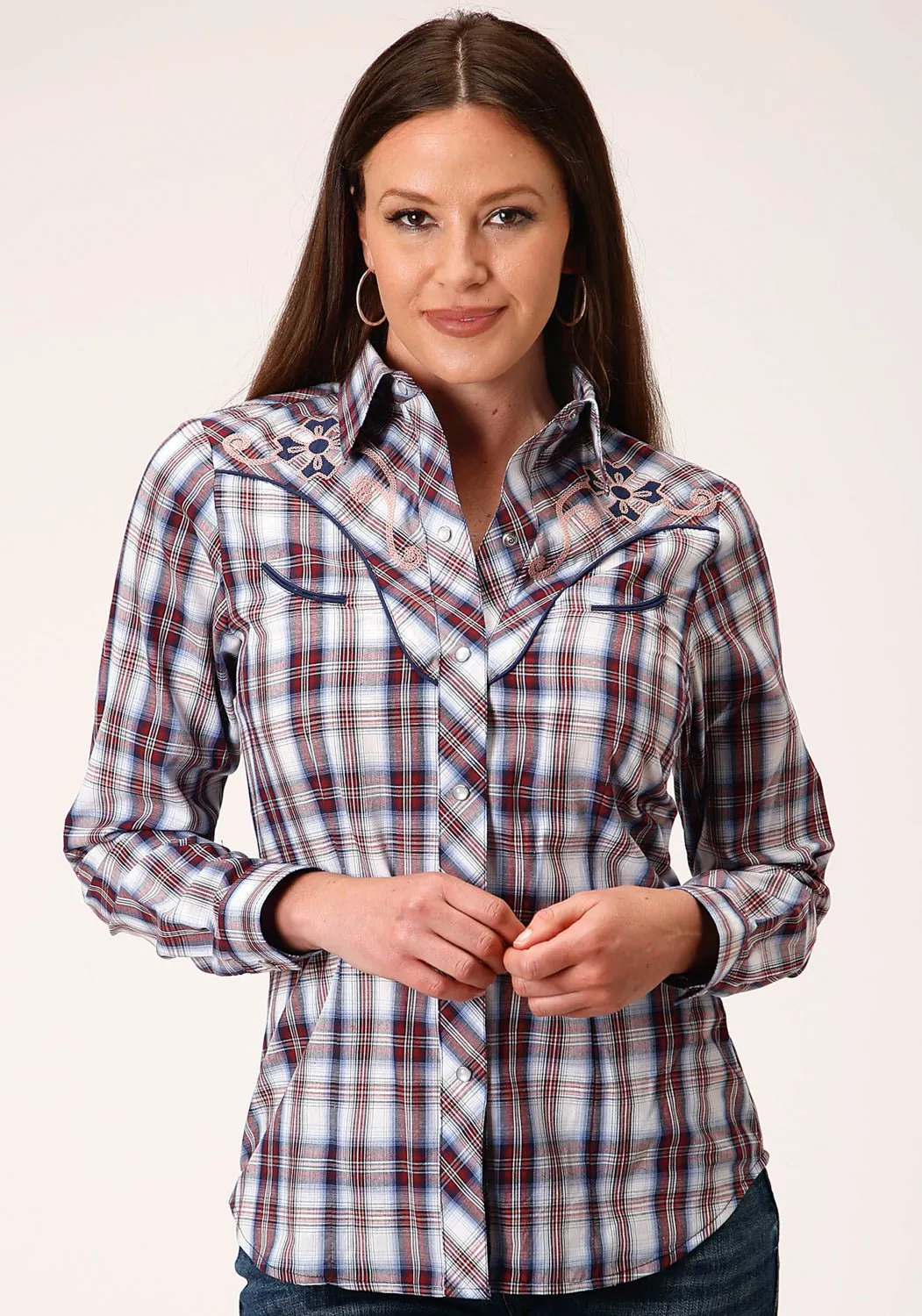 Roper Womens Fancy Applique Wine/Navy Cotton Blend L/S Shirt Layering Essential