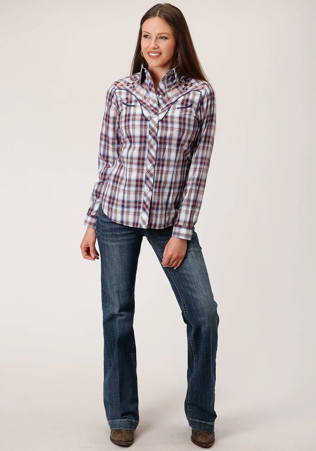 Sleepwear Roper Womens Fancy Applique Wine/Navy Cotton Blend L/S Shirt