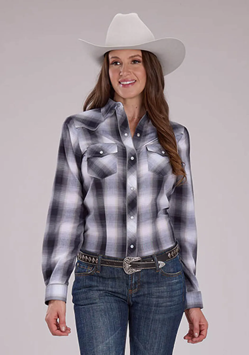 Roper Womens Fancy Horseshoe Yokes Grey/Black/White Cotton Blend L/S Shirt Anti Static Lining Microfiber Material