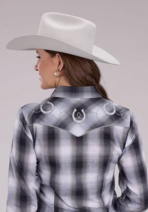 Roper Womens Fancy Horseshoe Yokes Grey/Black/White Cotton Blend L/S Shirt slim fit Trendy Fit Roper Womens Fancy Horseshoe Yokes Grey/Black/White Cotton Blend L/S Shirt