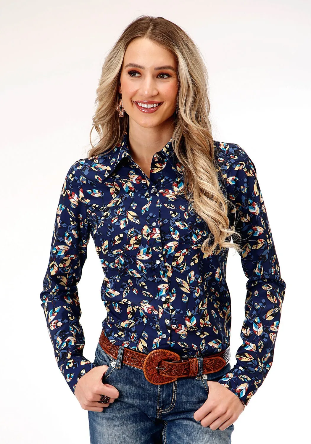 Reinforced Elasticity Comfortable Layer Roper Womens Feather Foliage Blue Polyester L/S Shirt