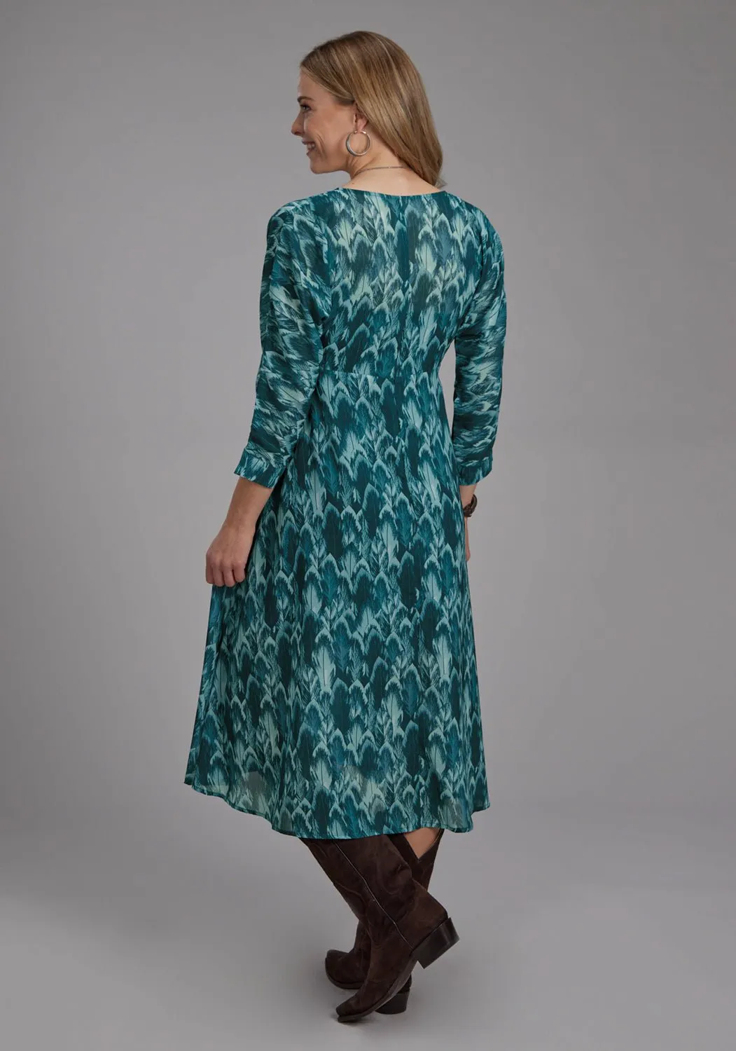 Roper Womens Feather Georgette Teal 100% Polyester 3/4 Sleeve Dress Travel Ease
