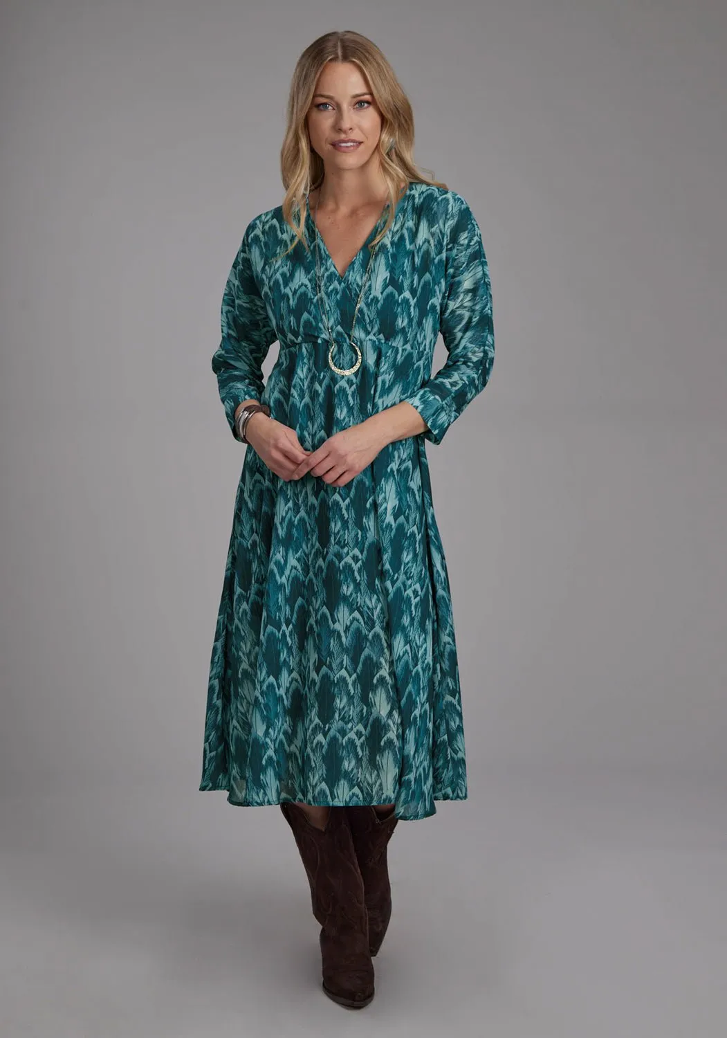 Roper Womens Feather Georgette Teal 100% Polyester 3/4 Sleeve Dress Neutral Base Weekend Getaway Stylish
