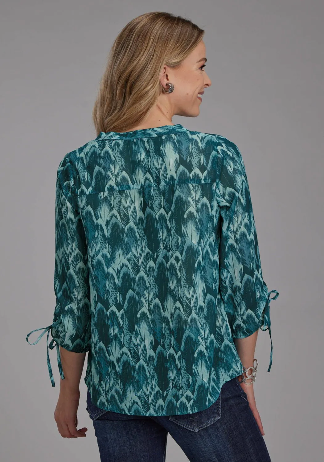 Roper Womens Feather Georgette Teal 100% Polyester 3/4 Sleeve S/S Blouse Chill Comfort