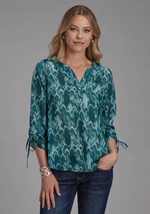 Roper Womens Feather Georgette Teal 100% Polyester 3/4 Sleeve S/S Blouse Sleek Fit Chill Fit Go-To Look Roper Womens Feather Georgette Teal 100% Polyester 3/4 Sleeve S/S Blouse